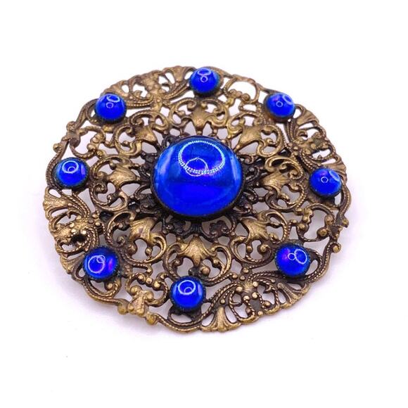Blue Czech Glass Art Nouveau large Brooch - Picture 3 of 6